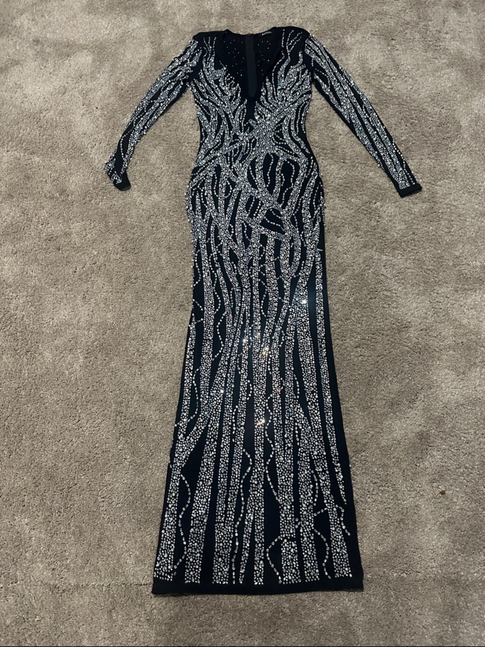 Black Long Sleeve Crystal-Embellished Gown